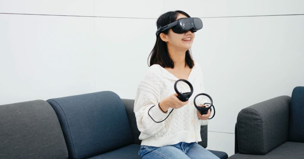 A girl wearing a VR headset and controllers