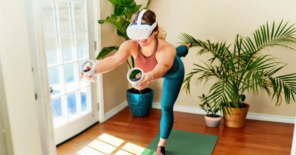 A girl doing Stretches wearing VR Headset