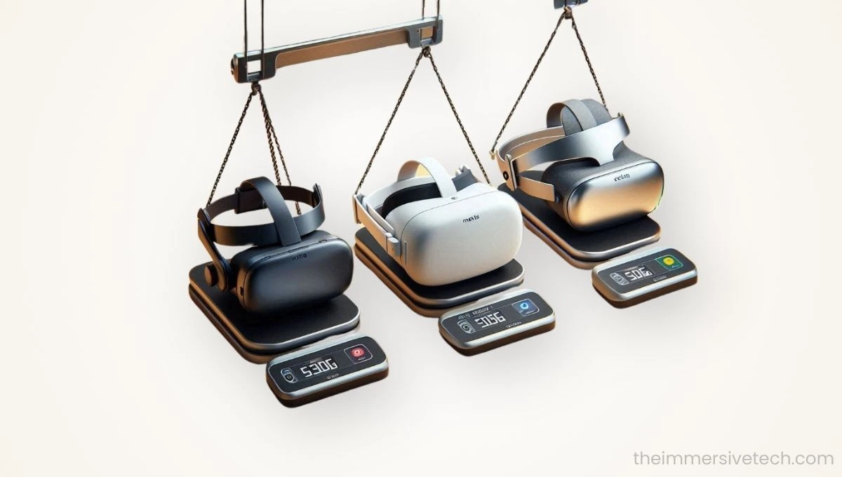 Weight Comparison of VR Headsets - 3D view of Comparing three VR headsets on weigh scale