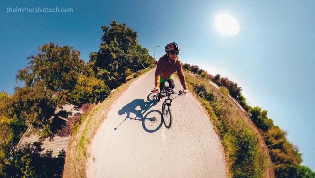 A person cycling and doing the 360 VR Photography