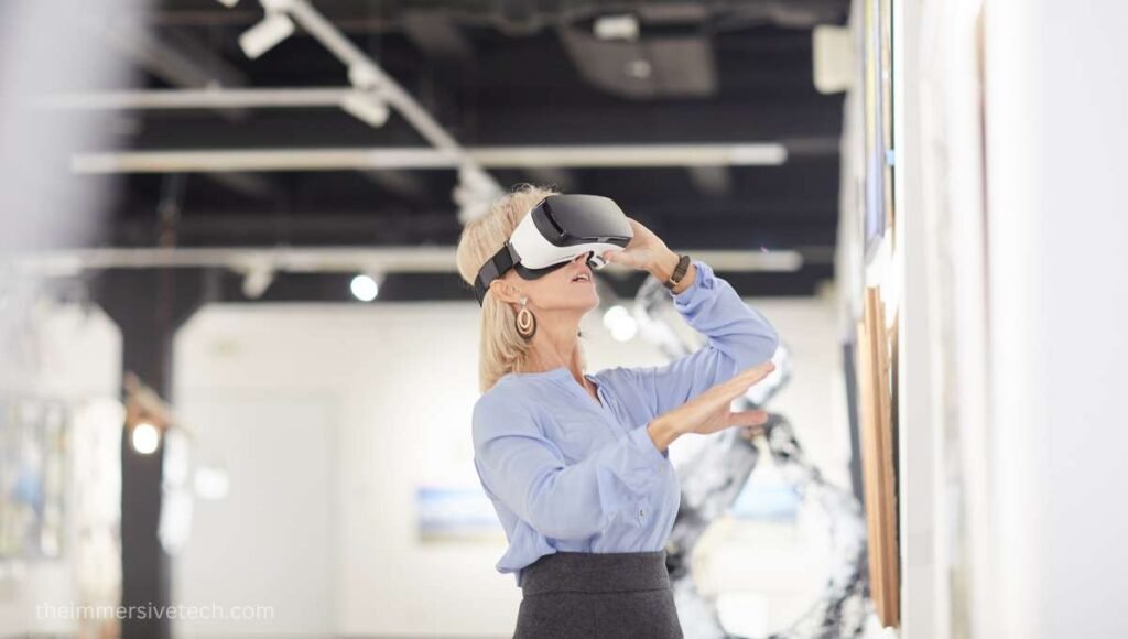 A woman experiencing wall design through a VR Headset